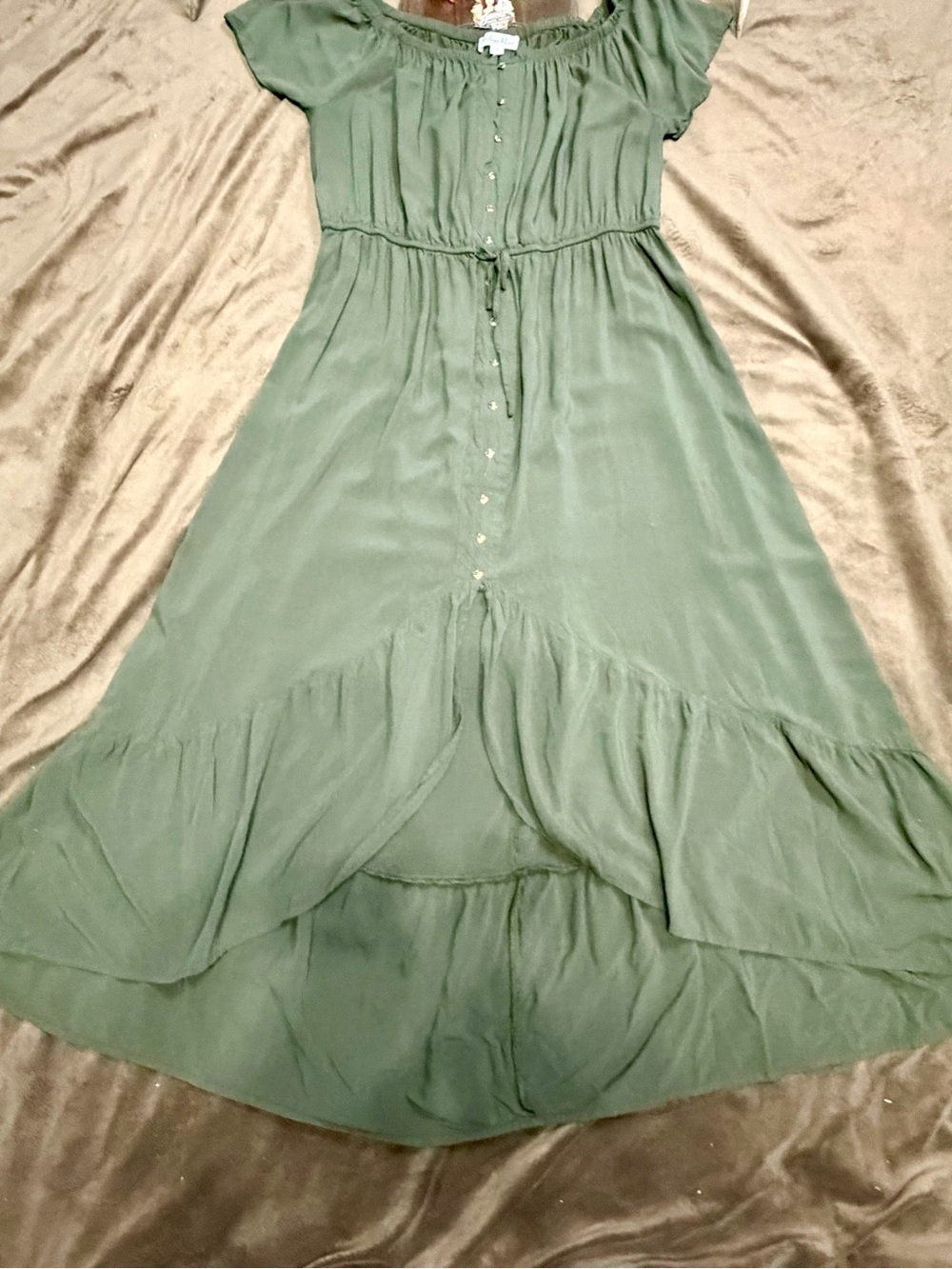 Indigo Rose 2X Olive Green Boho Maxi Dress Button Front High Low Ruffle